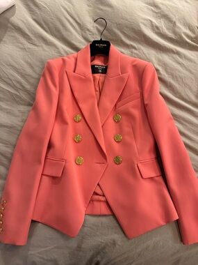 Balmain Coral Pink Double-Breasted Blazer with Gold Buttons